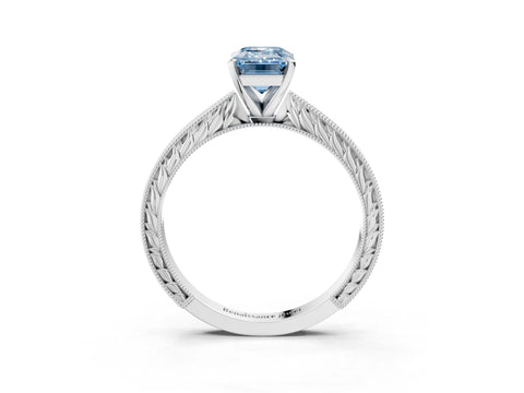 White gold Fancy Blue Emerald Cut Solitaire Milgrain Engraved Band with Four-Prong Setting_15