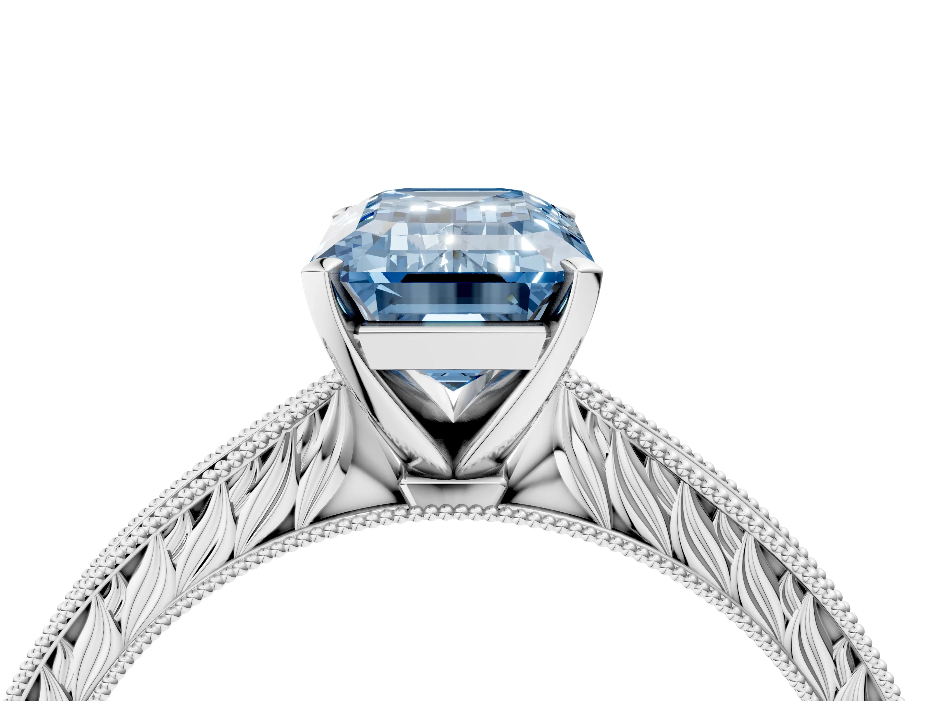 White gold Fancy Blue Emerald Cut Solitaire Milgrain Engraved Band with Four-Prong Setting_16
