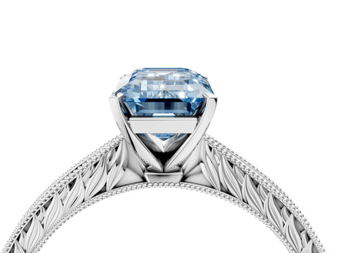 White gold Fancy Blue Emerald Cut Solitaire Milgrain Engraved Band with Four-Prong Setting_16