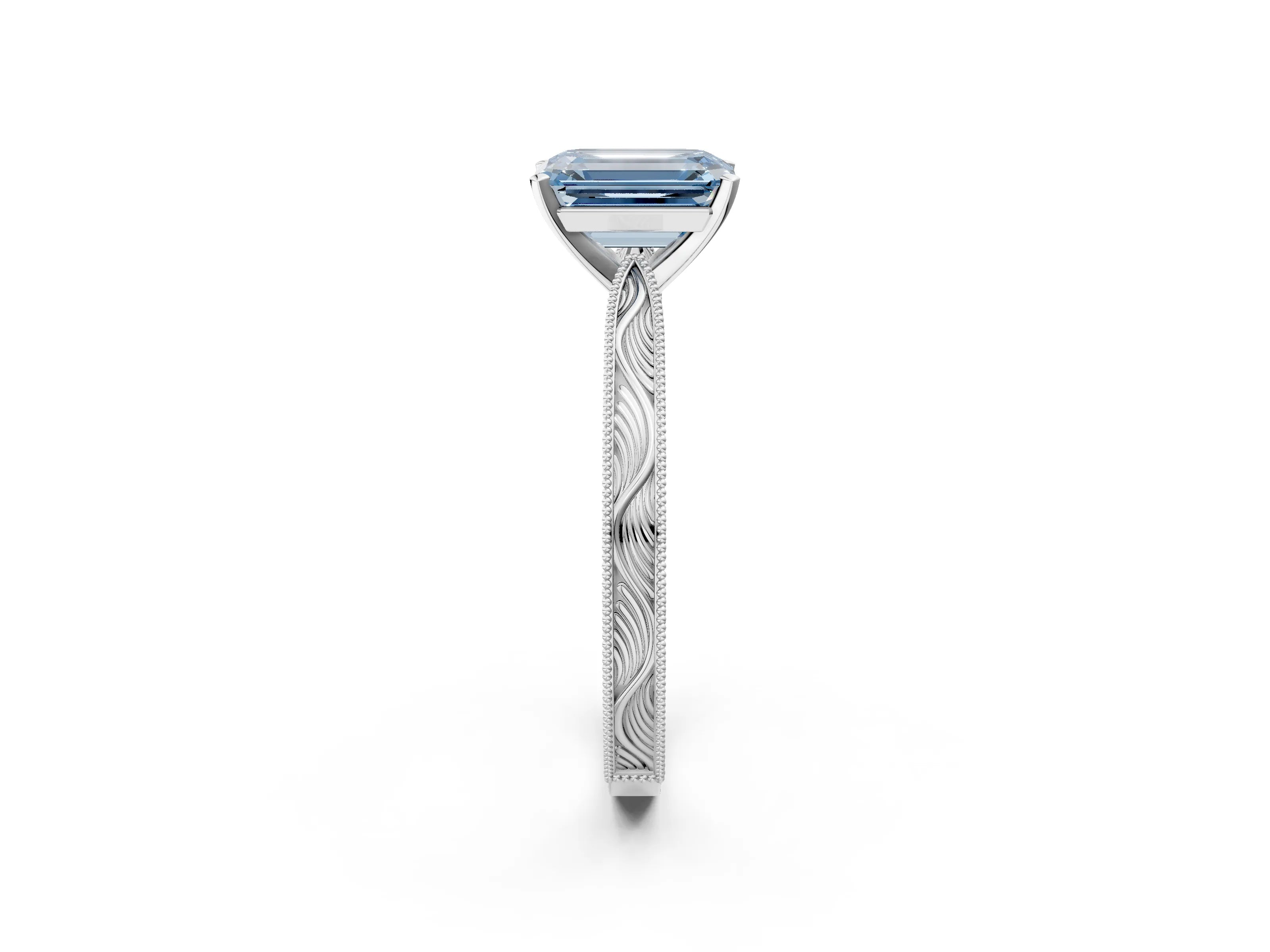 White gold Fancy Blue Emerald Cut Solitaire Milgrain Engraved Band with Four-Prong Setting_2