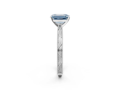 White gold Fancy Blue Emerald Cut Solitaire Milgrain Engraved Band with Four-Prong Setting_2