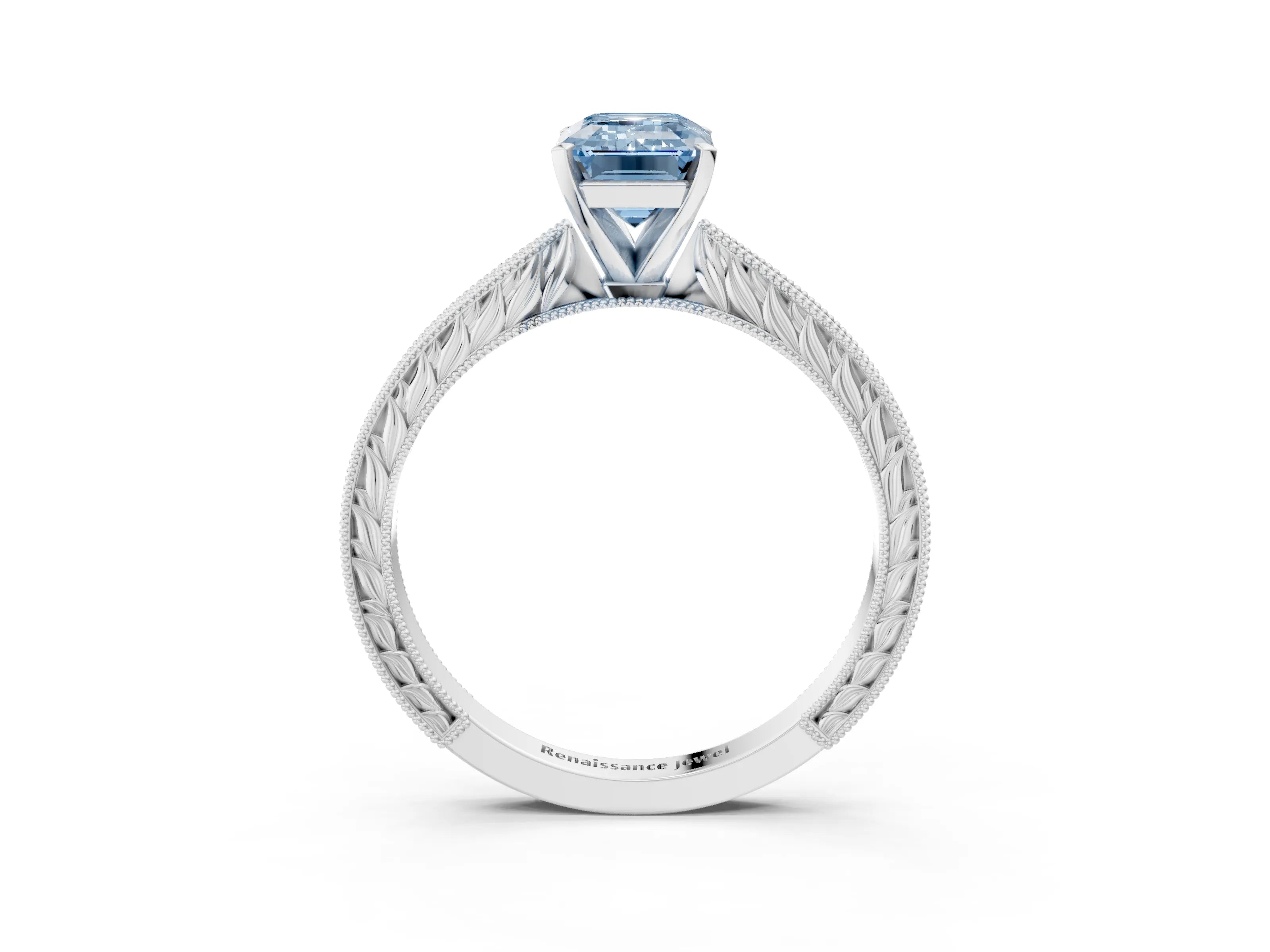 White gold Fancy Blue Emerald Cut Solitaire Milgrain Engraved Band with Four-Prong Setting_3