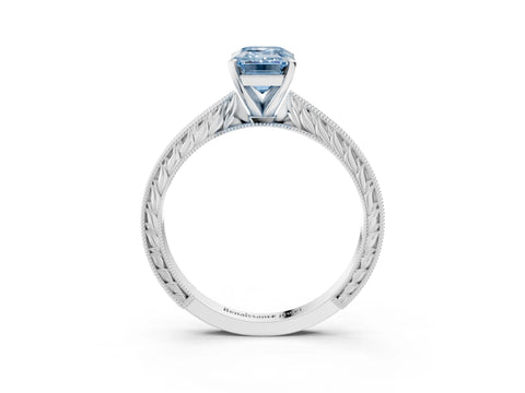 White gold Fancy Blue Emerald Cut Solitaire Milgrain Engraved Band with Four-Prong Setting_3