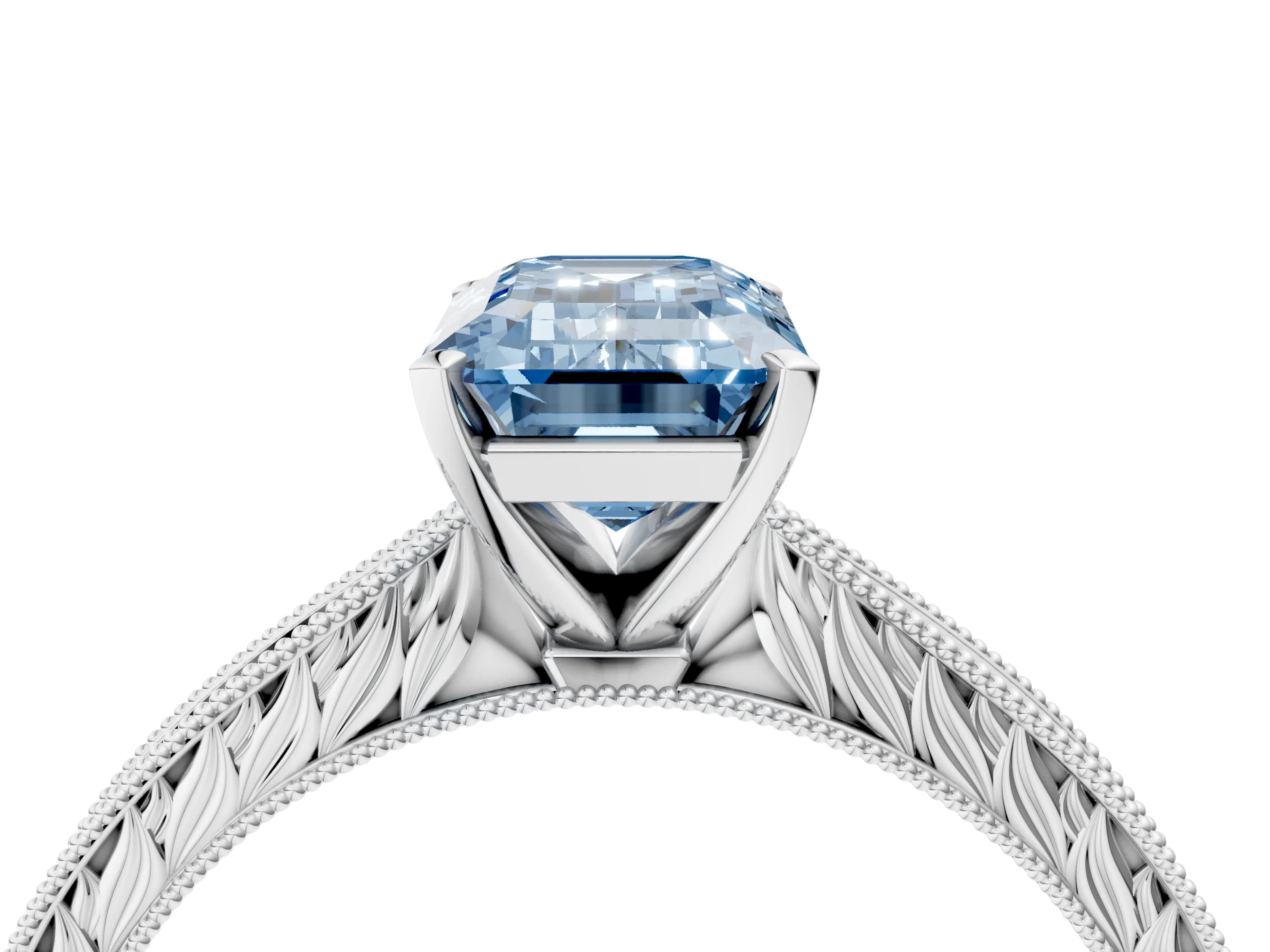 White gold Fancy Blue Emerald Cut Solitaire Milgrain Engraved Band with Four-Prong Setting_4
