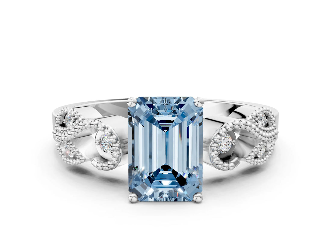 White gold Fancy Blue Emerald Cut Solitaire Milgrain Leaf Band with Prong Setting_12