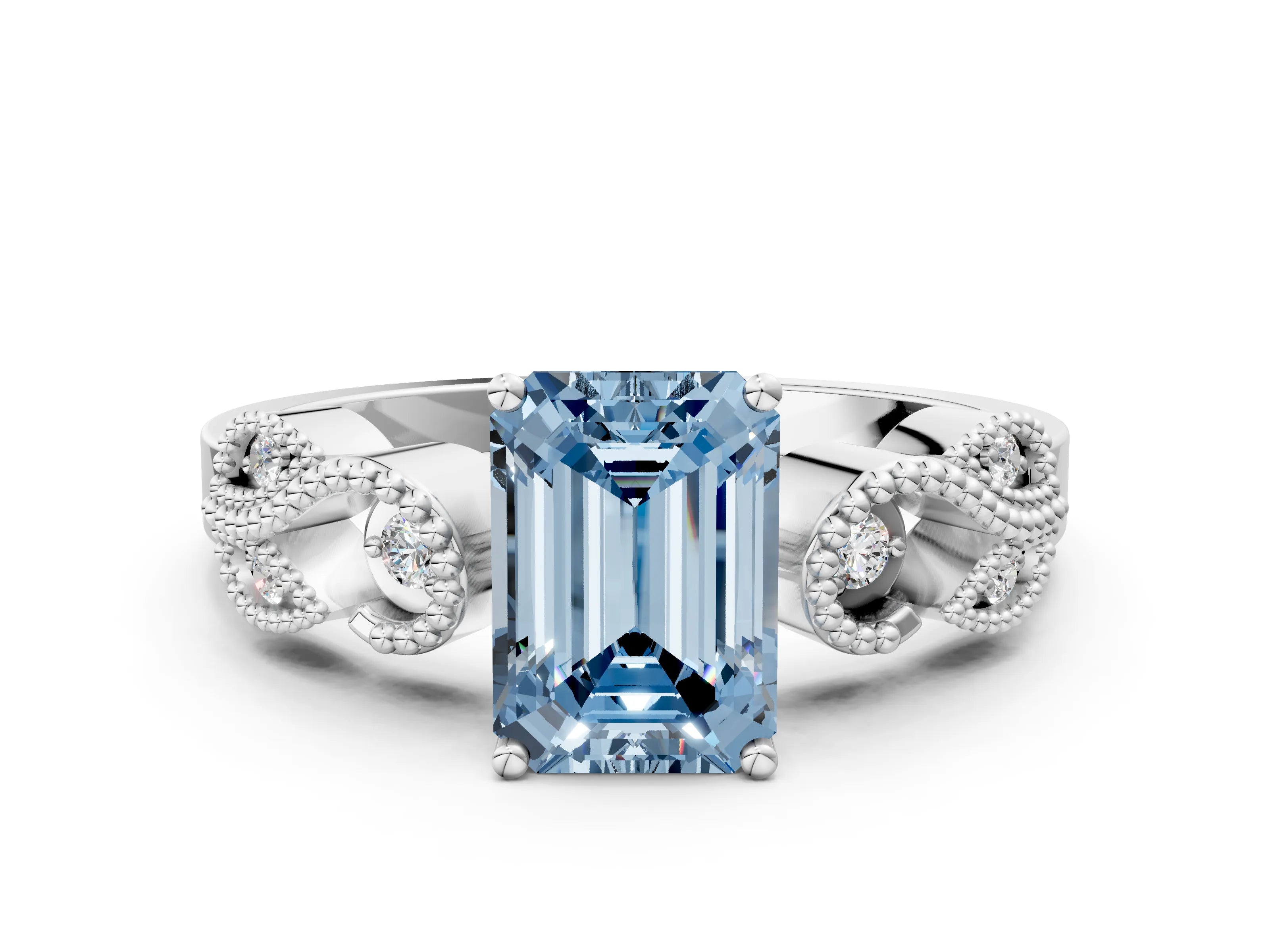 White gold Fancy Blue Emerald Cut Solitaire Milgrain Leaf Band with Prong Setting_12