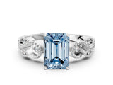 White gold Fancy Blue Emerald Cut Solitaire Milgrain Leaf Band with Prong Setting_12