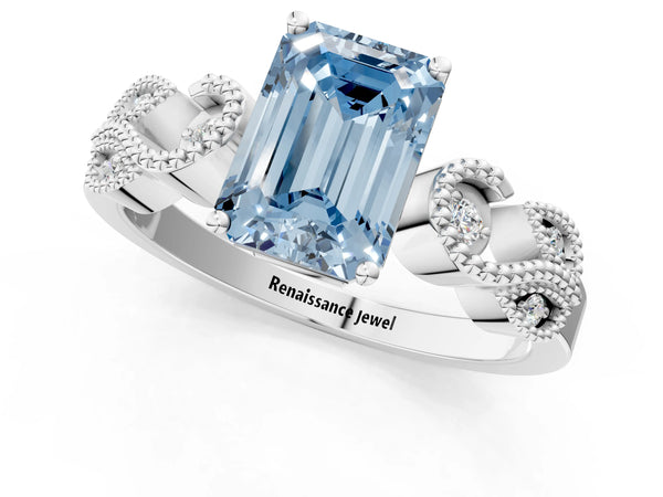 White gold Fancy Blue Emerald Cut Solitaire Milgrain Leaf Band with Prong Setting