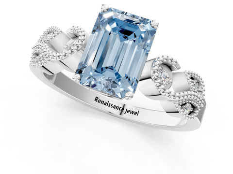 White gold Fancy Blue Emerald Cut Solitaire Milgrain Leaf Band with Prong Setting_13