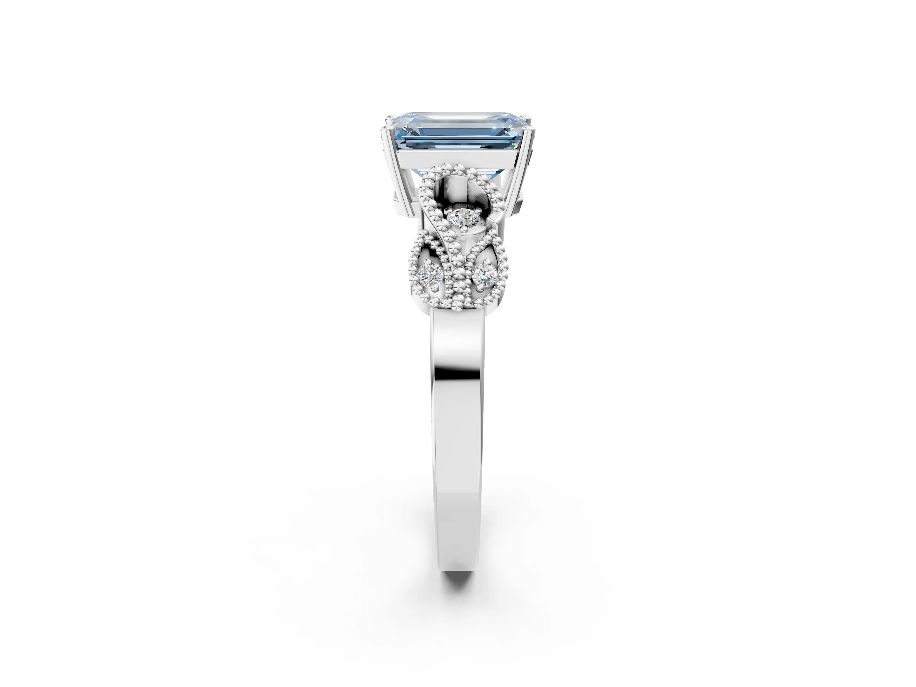 White gold Fancy Blue Emerald Cut Solitaire Milgrain Leaf Band with Prong Setting_14