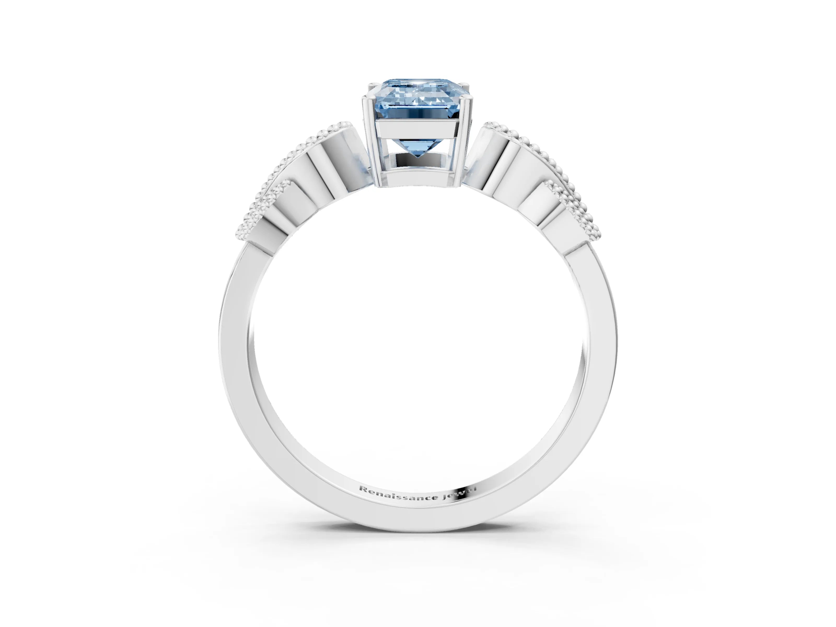 White gold Fancy Blue Emerald Cut Solitaire Milgrain Leaf Band with Prong Setting_15