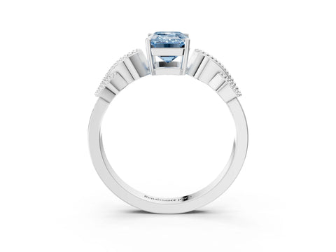 White gold Fancy Blue Emerald Cut Solitaire Milgrain Leaf Band with Prong Setting_15
