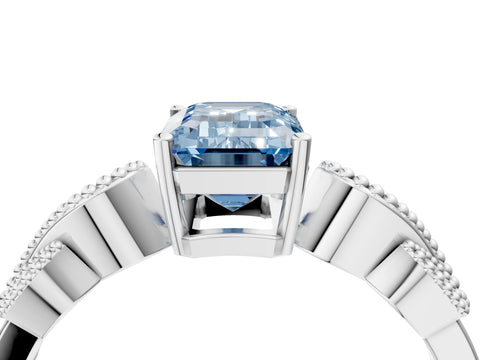 White gold Fancy Blue Emerald Cut Solitaire Milgrain Leaf Band with Prong Setting_16
