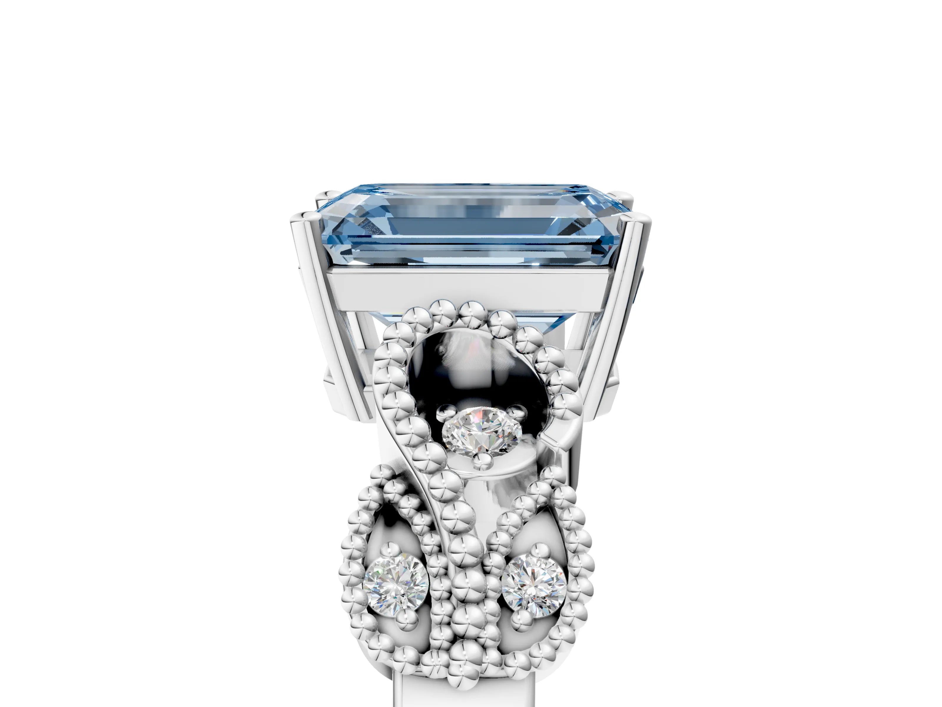 White gold Fancy Blue Emerald Cut Solitaire Milgrain Leaf Band with Prong Setting_17