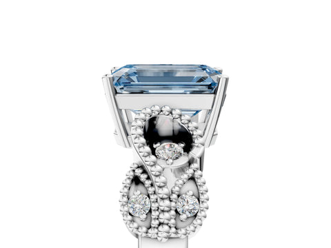 White gold Fancy Blue Emerald Cut Solitaire Milgrain Leaf Band with Prong Setting_17