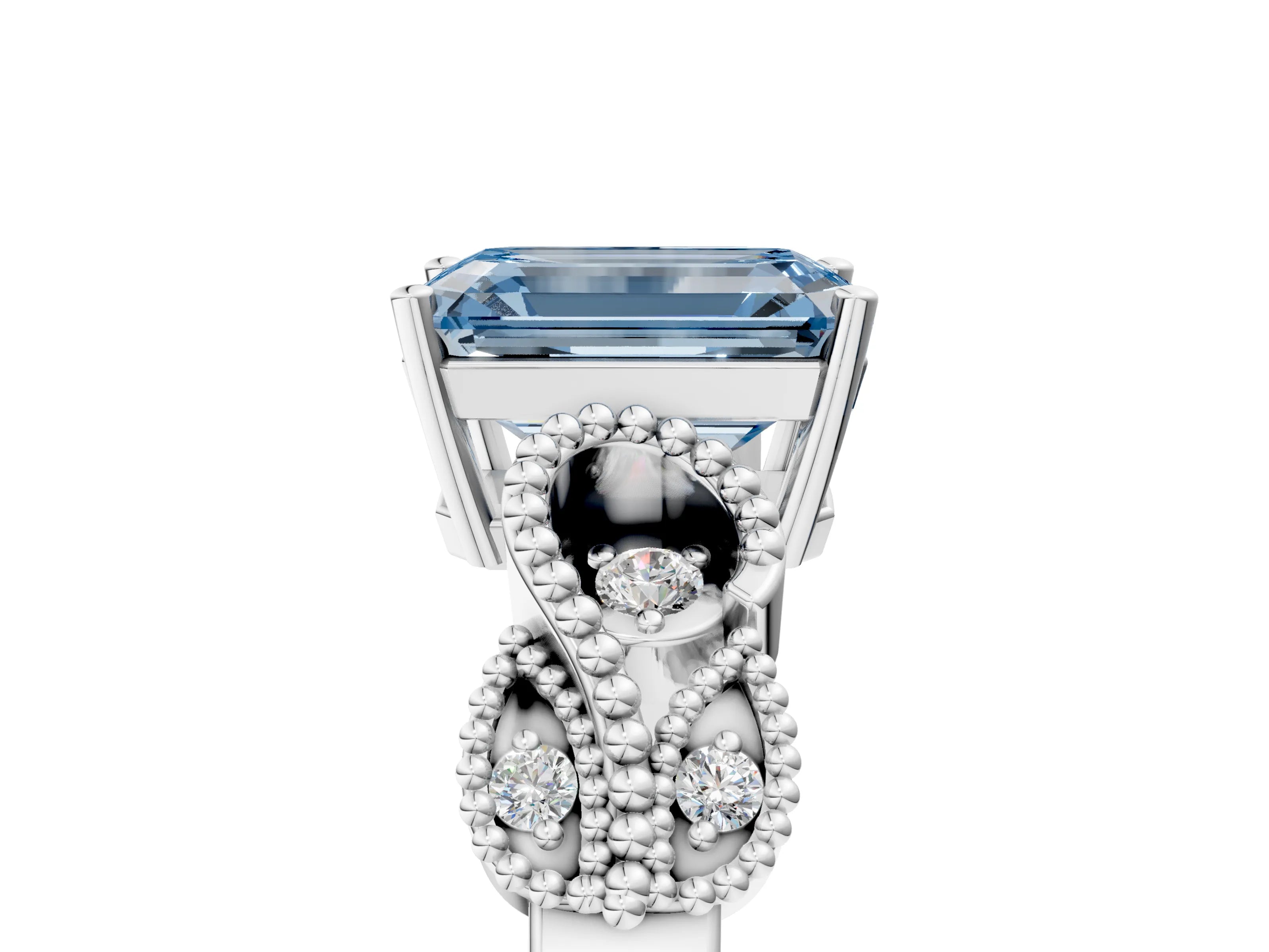 White gold Fancy Blue Emerald Cut Solitaire Milgrain Leaf Band with Prong Setting_5
