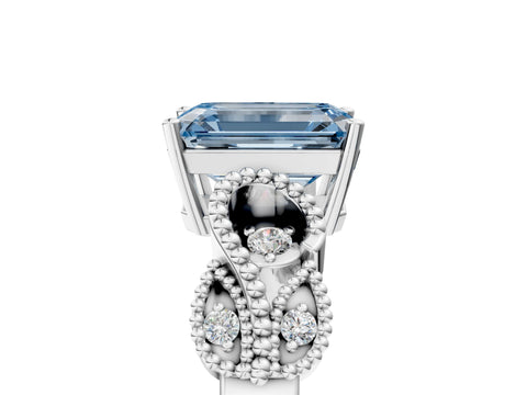 White gold Fancy Blue Emerald Cut Solitaire Milgrain Leaf Band with Prong Setting_5