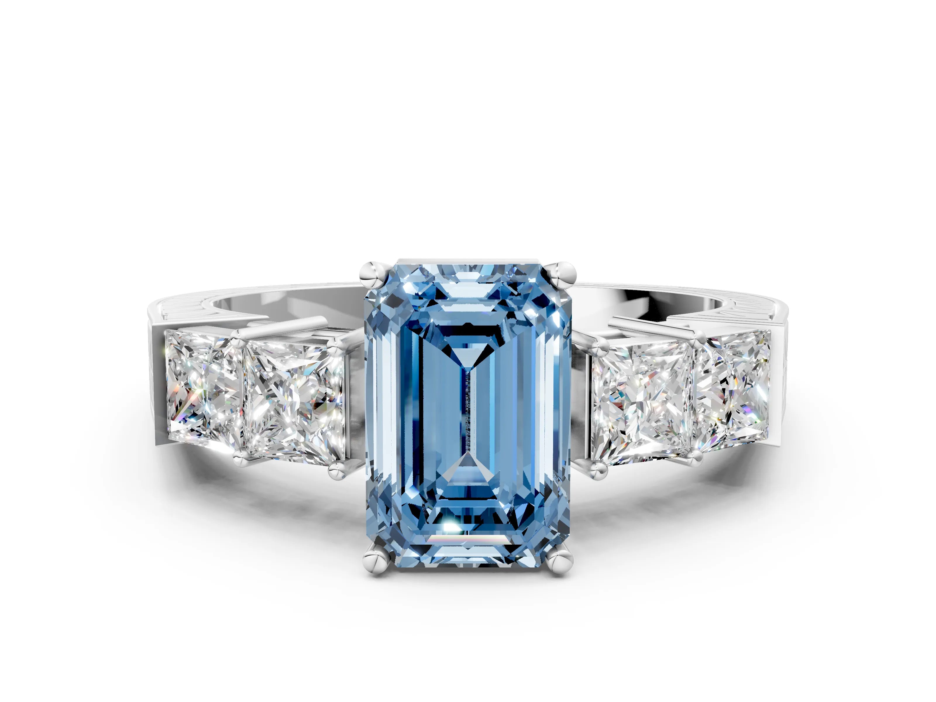 White gold Fancy Blue Emerald Cut Solitaire Princess Side Stone Engraved Band Prong Setting Ring