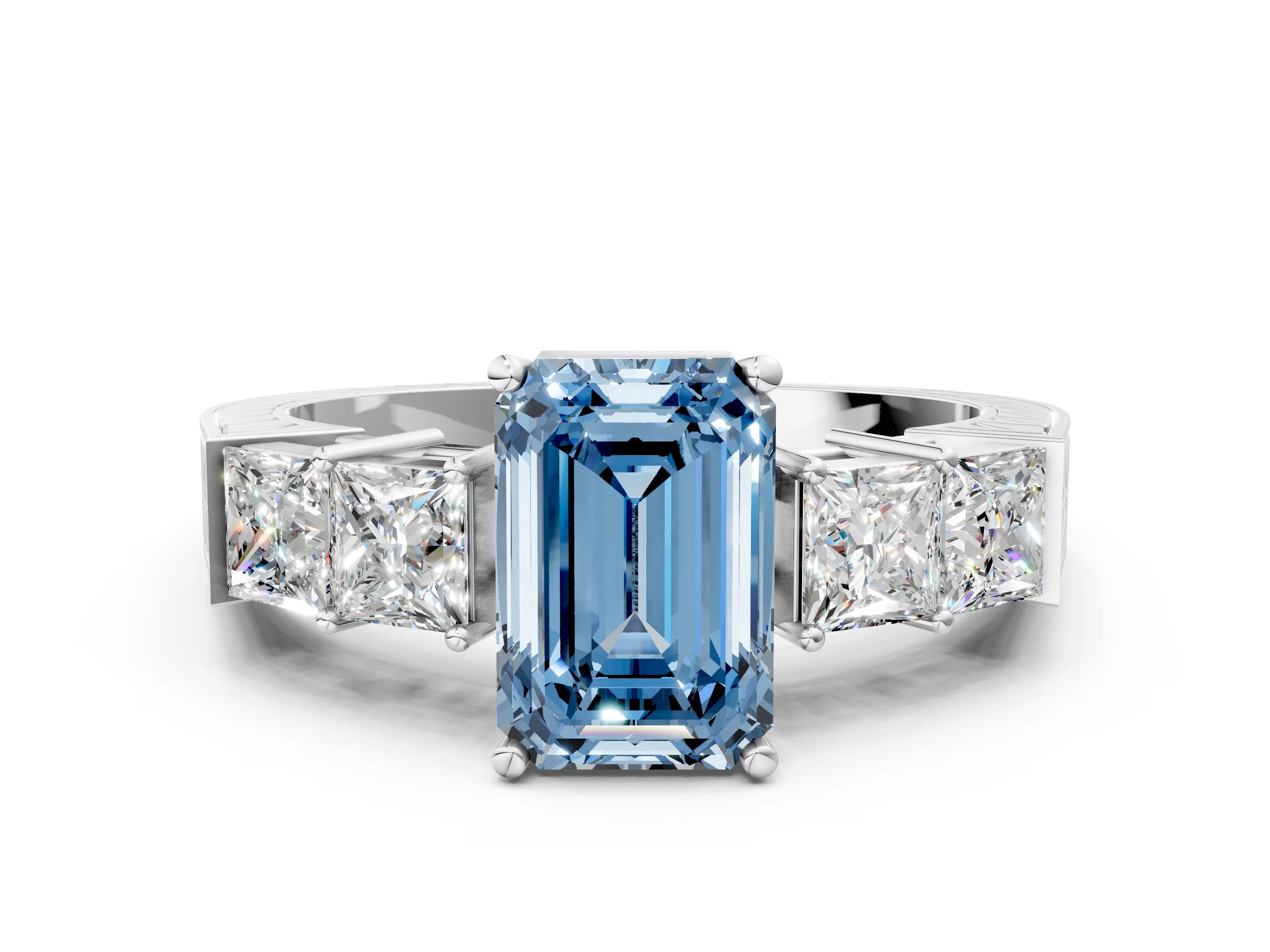 White gold Fancy Blue Emerald Cut Solitaire Princess Side Stone Engraved Band Prong Setting Ring_12