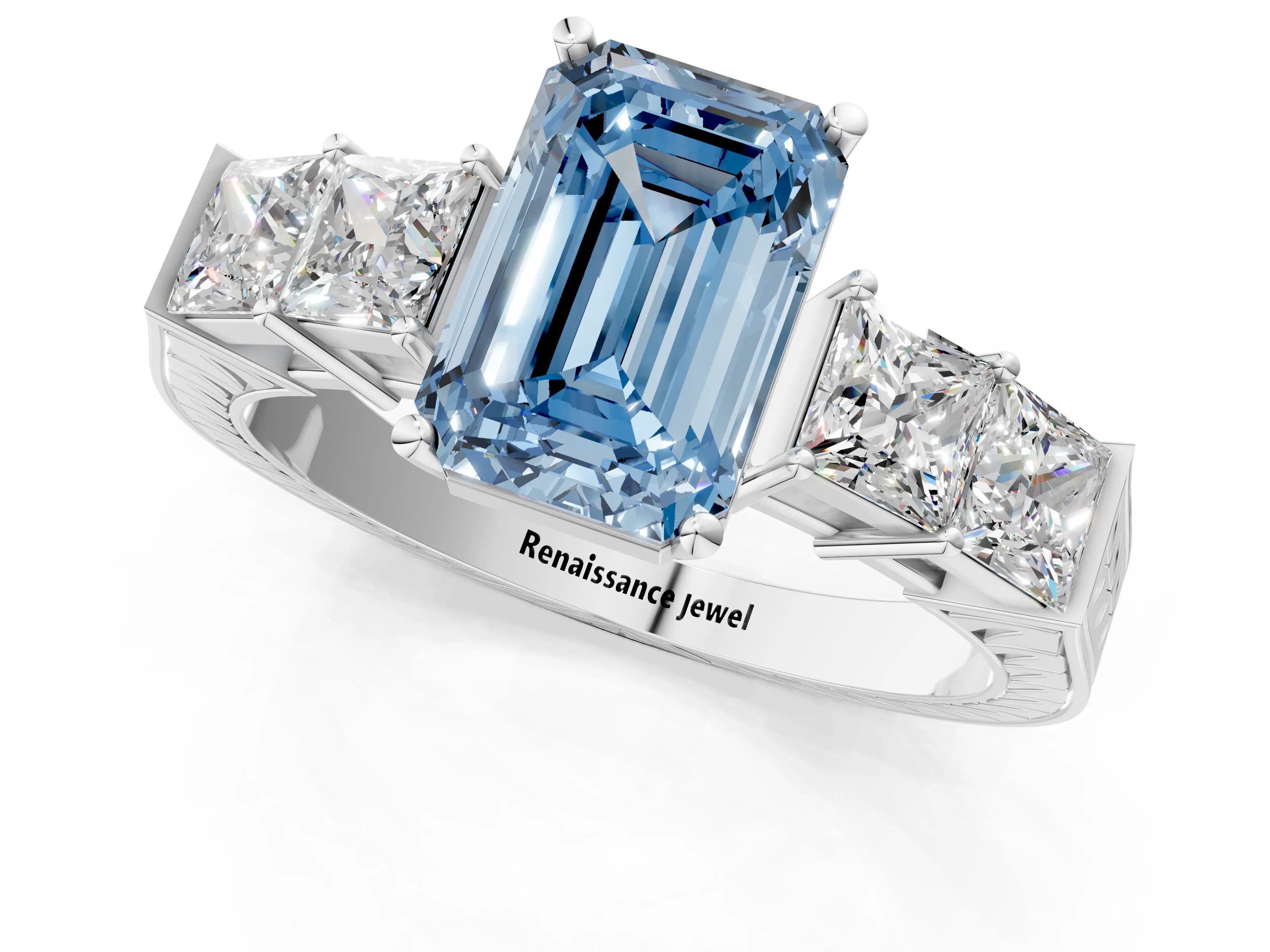 White gold Fancy Blue Emerald Cut Solitaire Princess Side Stone Engraved Band Prong Setting Ring_13