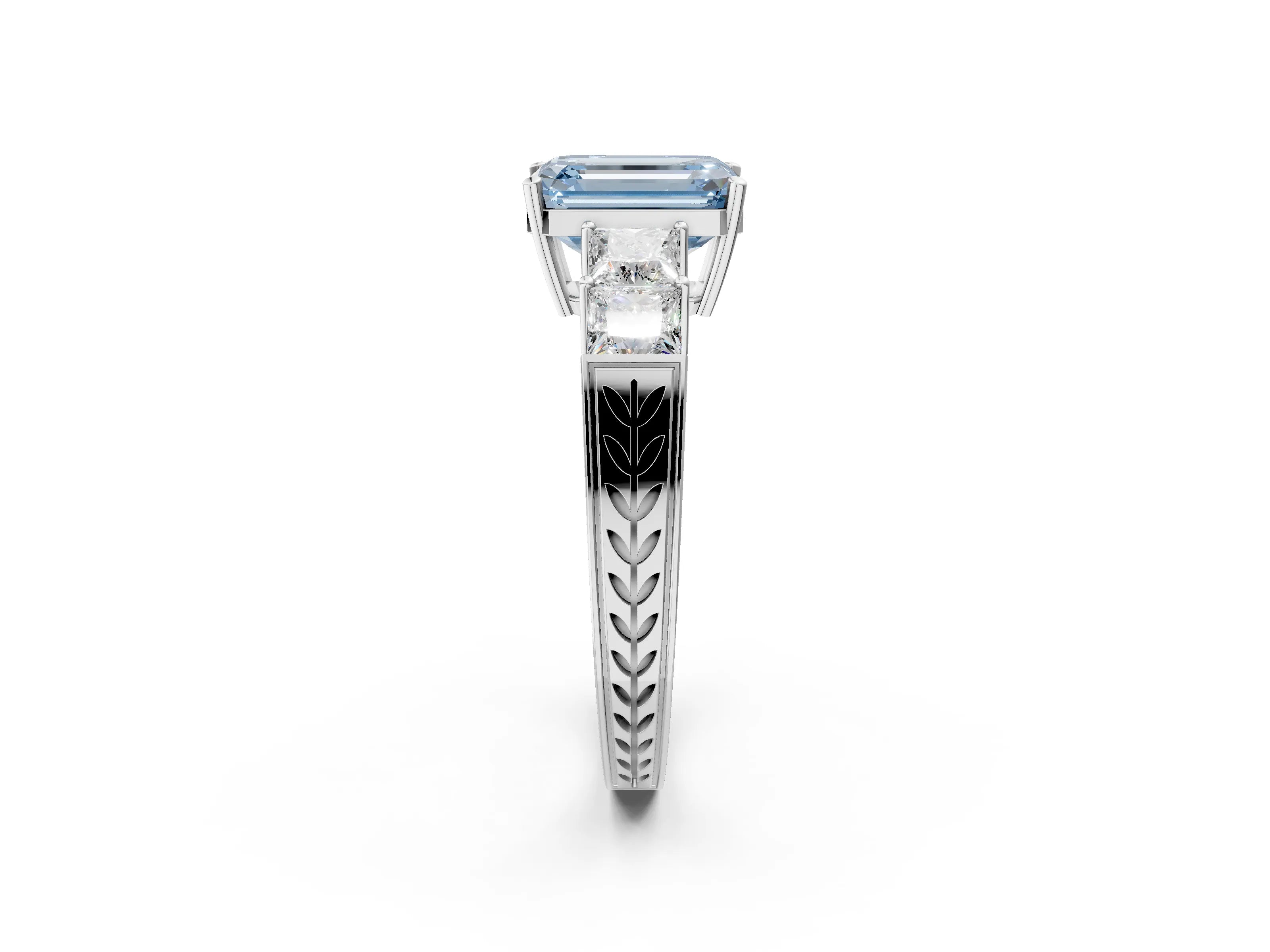White gold Fancy Blue Emerald Cut Solitaire Princess Side Stone Engraved Band Prong Setting Ring_14