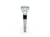 White gold Fancy Blue Emerald Cut Solitaire Princess Side Stone Engraved Band Prong Setting Ring_14
