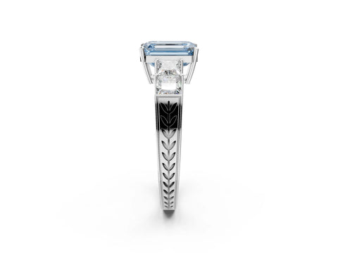 White gold Fancy Blue Emerald Cut Solitaire Princess Side Stone Engraved Band Prong Setting Ring_14