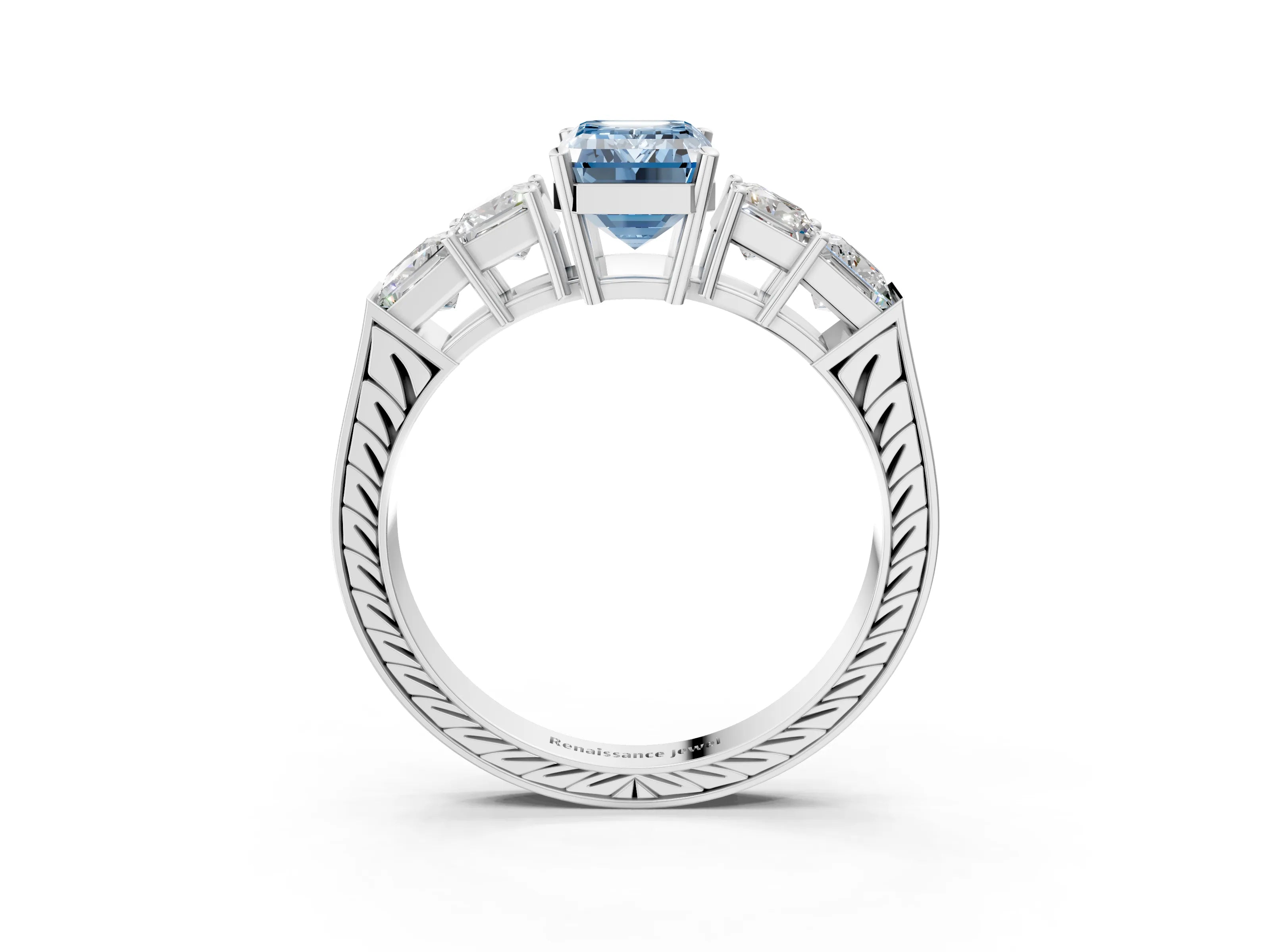 White gold Fancy Blue Emerald Cut Solitaire Princess Side Stone Engraved Band Prong Setting Ring_15