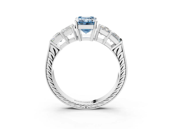 Platinum Fancy Blue Emerald Cut Solitaire Princess Side Stone Engraved Band Prong Setting Ring