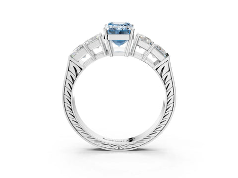 White gold Fancy Blue Emerald Cut Solitaire Princess Side Stone Engraved Band Prong Setting Ring_15