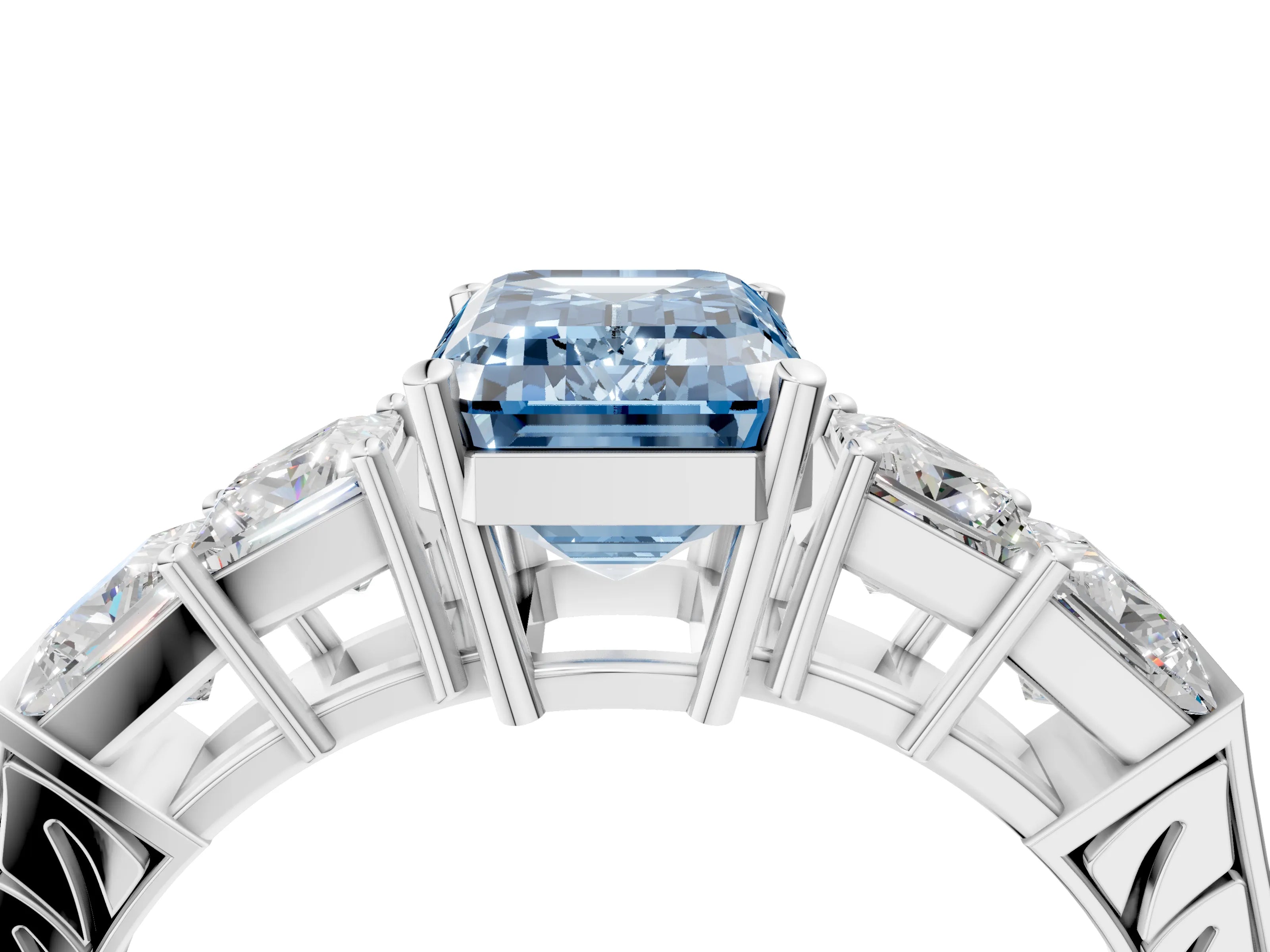 White gold Fancy Blue Emerald Cut Solitaire Princess Side Stone Engraved Band Prong Setting Ring_16