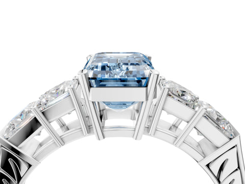 White gold Fancy Blue Emerald Cut Solitaire Princess Side Stone Engraved Band Prong Setting Ring_16