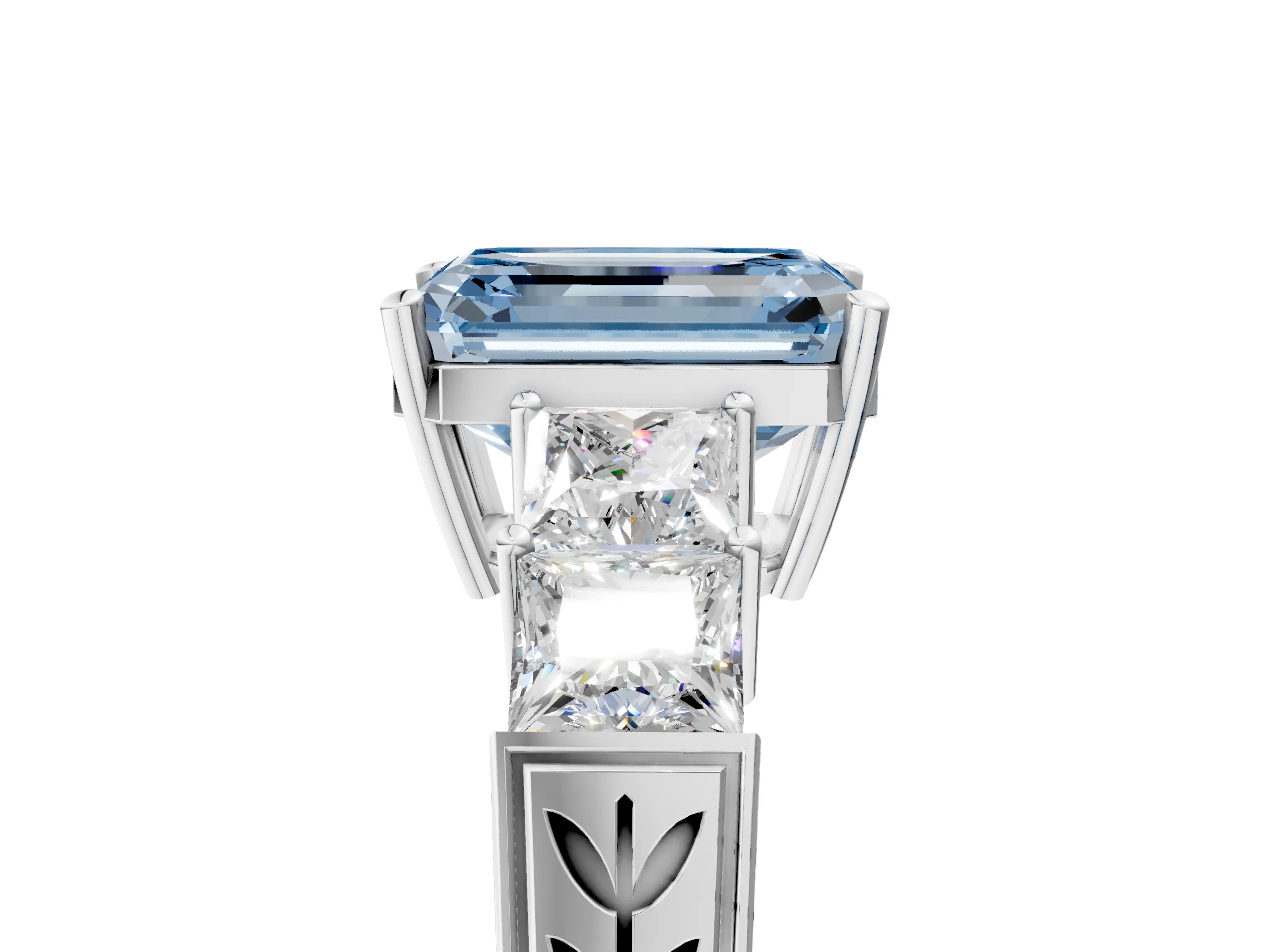 White gold Fancy Blue Emerald Cut Solitaire Princess Side Stone Engraved Band Prong Setting Ring_17