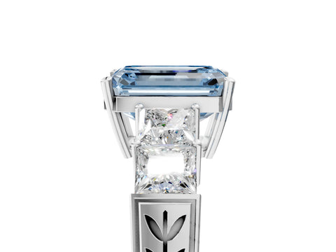White gold Fancy Blue Emerald Cut Solitaire Princess Side Stone Engraved Band Prong Setting Ring_17