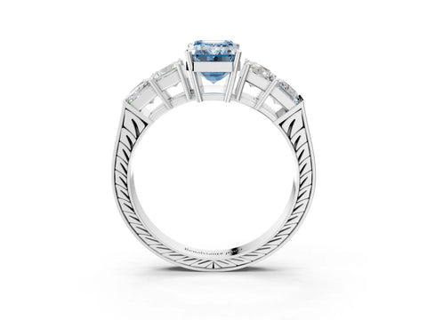 White gold Fancy Blue Emerald Cut Solitaire Princess Side Stone Engraved Band Prong Setting Ring_3