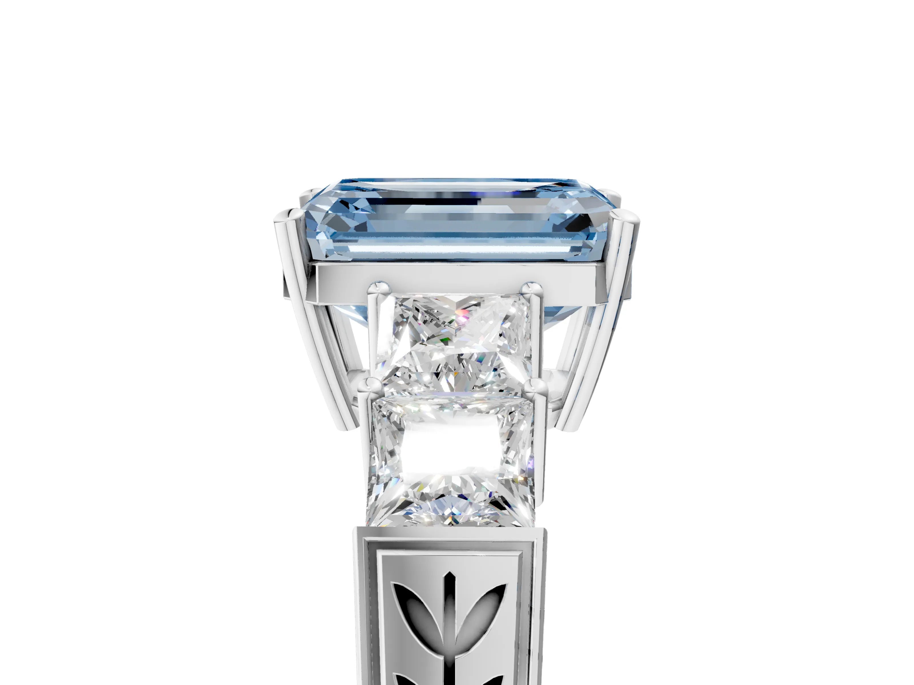 White gold Fancy Blue Emerald Cut Solitaire Princess Side Stone Engraved Band Prong Setting Ring_5