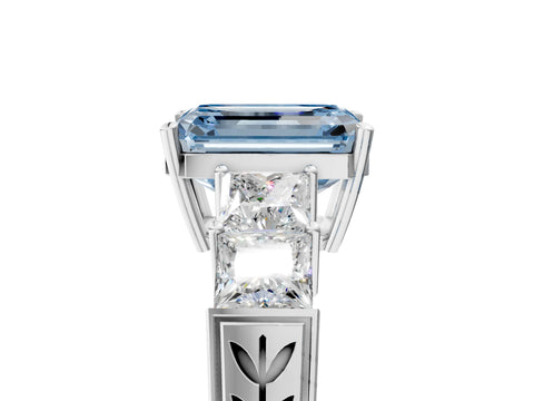 White gold Fancy Blue Emerald Cut Solitaire Princess Side Stone Engraved Band Prong Setting Ring_5