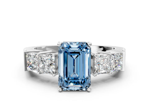 White gold Fancy Blue Emerald Cut Solitaire Princess Side Stone Engraved Band Prong Setting Ring