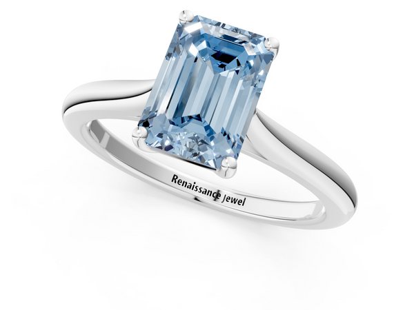 Platinum Fancy Blue Emerald  Cut Solitaire Ring with Cathedral Band and Four-Prong Setting