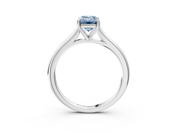 Platinum Fancy Blue Emerald  Cut Solitaire Ring with Cathedral Band and Four-Prong Setting