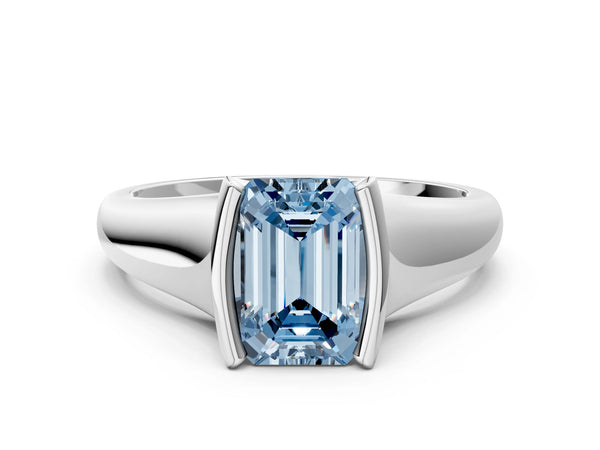 White gold Fancy Blue Emerald Cut Solitaire Tension Set Diamond Ring with Split Shank Band