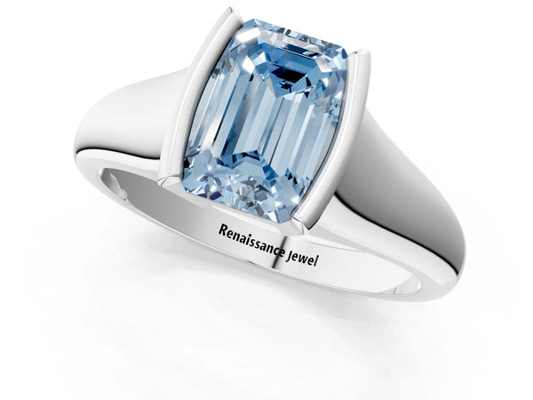 White gold Fancy Blue Emerald Cut Solitaire Tension Set Diamond Ring with Split Shank Band