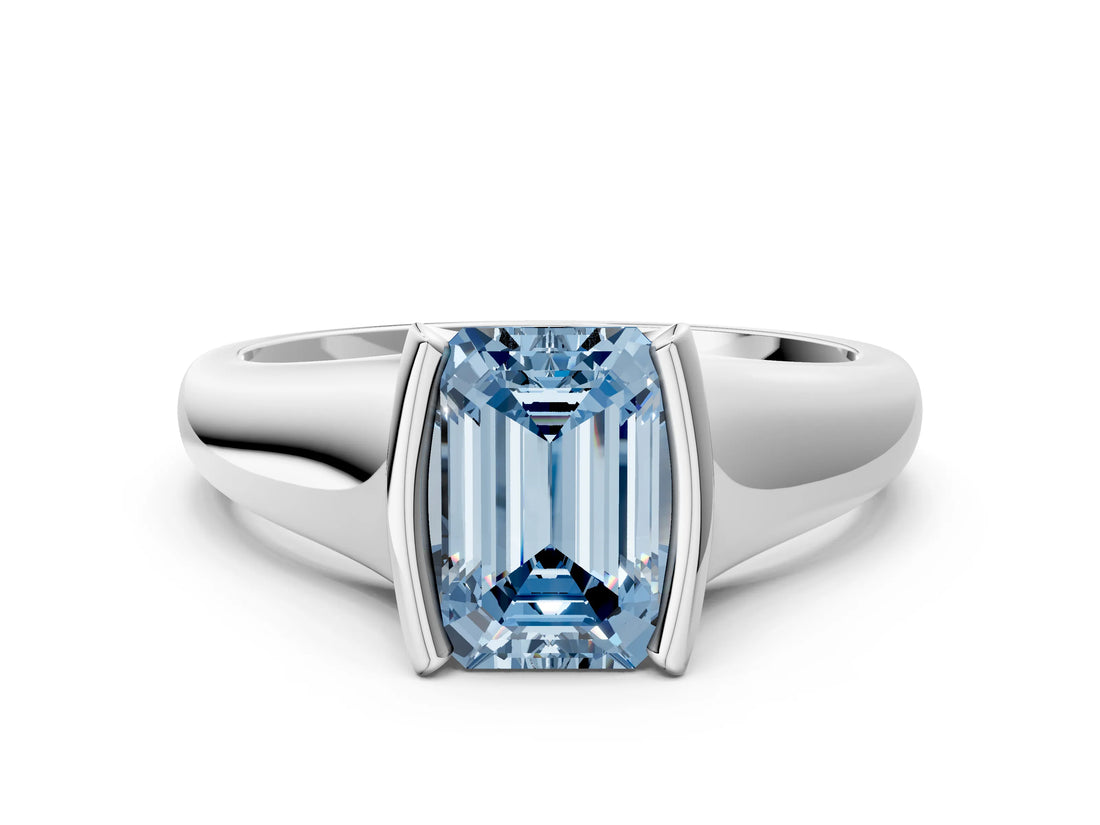White gold Fancy Blue Emerald Cut Solitaire Tension Set Diamond Ring with Split Shank Band_24