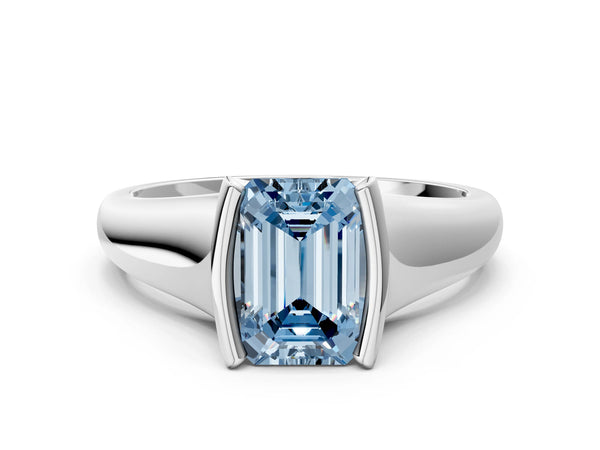 Sterling Silver Emerald Cut Tension Style Solitaire Engagement Ring Setting for Fancy Blue Center