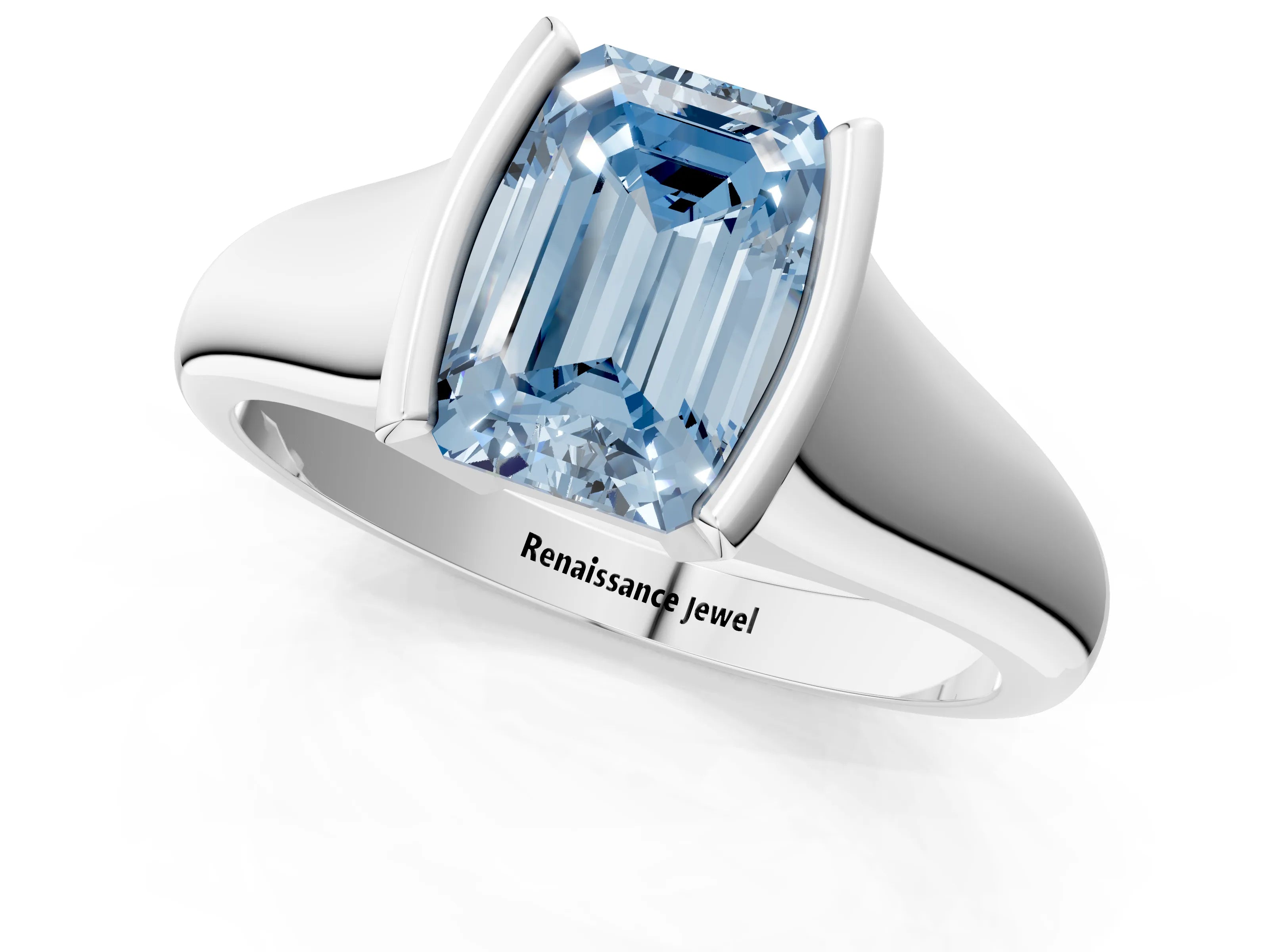 White gold Fancy Blue Emerald Cut Solitaire Tension Set Diamond Ring with Split Shank Band_37