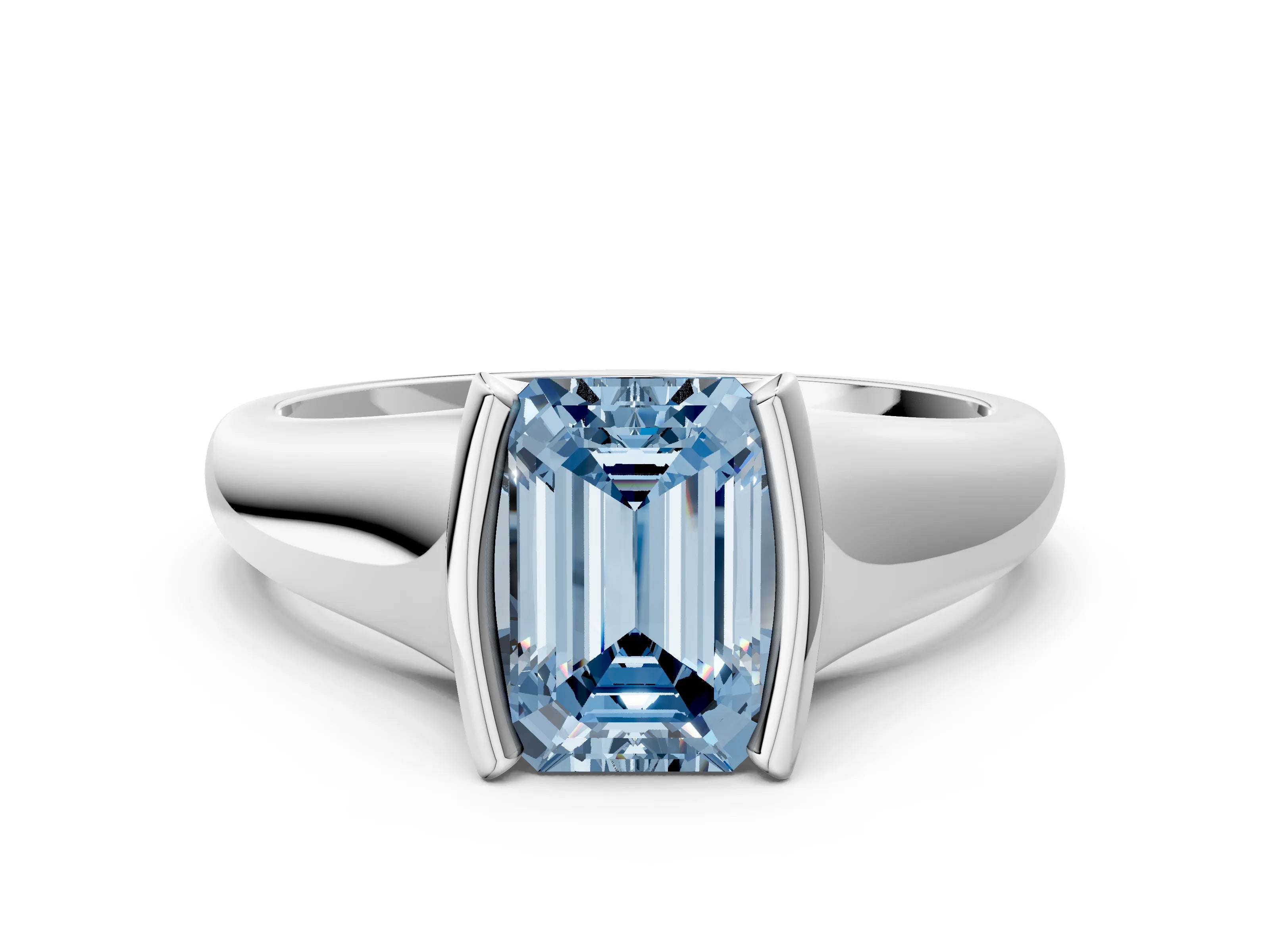 White gold Fancy Blue Emerald Cut Solitaire Tension Set Diamond Ring with Split Shank Band