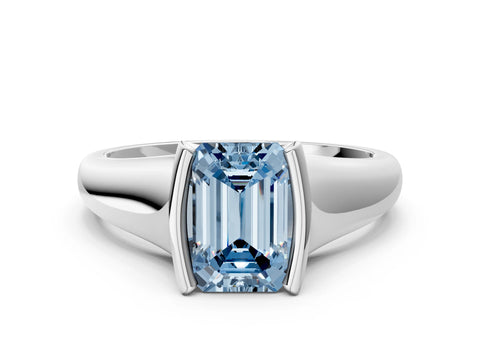 White gold Fancy Blue Emerald Cut Solitaire Tension Set Diamond Ring with Split Shank Band