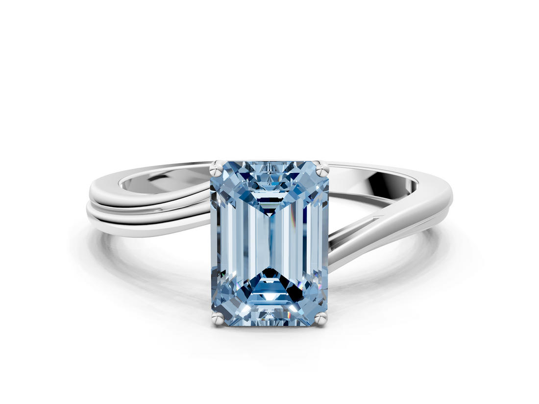 White gold Fancy Blue Emerald  Cut Solitaire Twist Band Ring with Four-Prong Setting_20