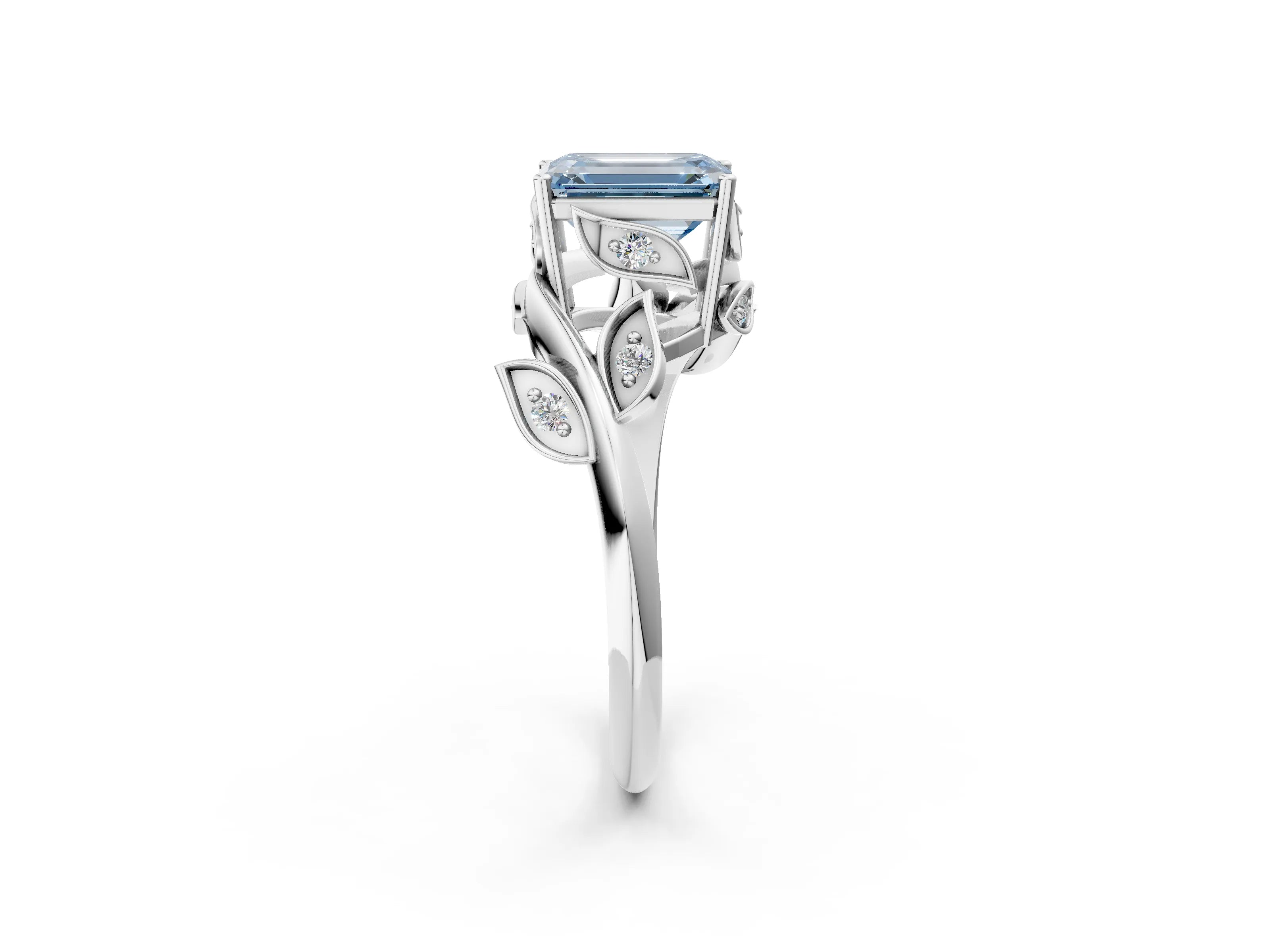 White gold Fancy Blue Emerald Cut Solitaire Twist Engagement Ring with Leaf Accents and Prong Setting_14