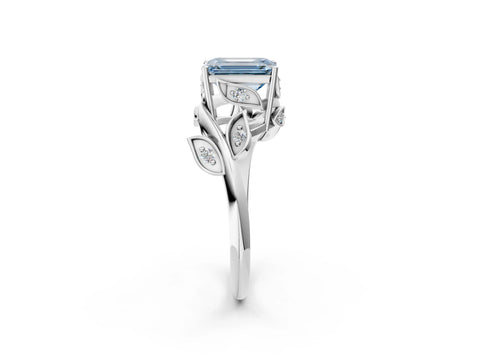 White gold Fancy Blue Emerald Cut Solitaire Twist Engagement Ring with Leaf Accents and Prong Setting_14